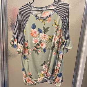 white birch Sage Green Floral Raglan Tee with Striped Sleeves